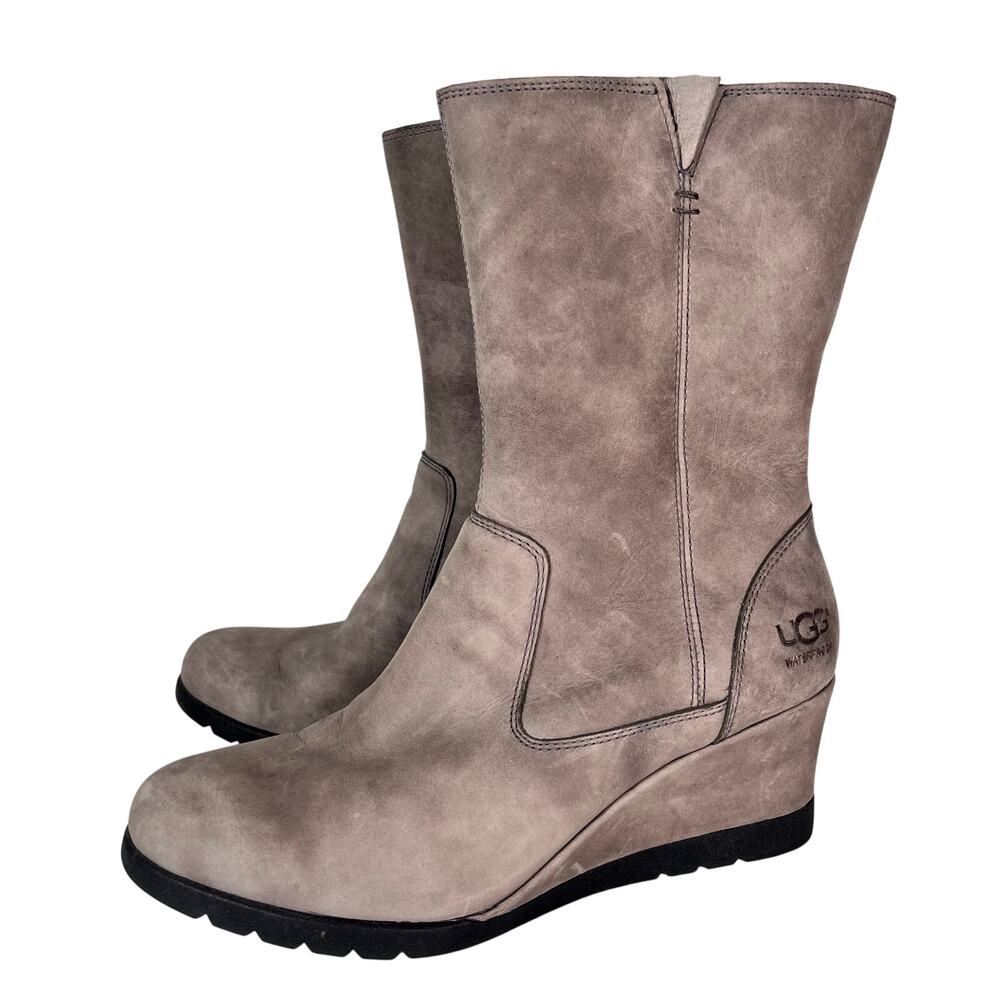 UGG Leather Waterproof Joely Boots Women's Sz 8 Gray Wedge Heel Sherpa Zip Boho